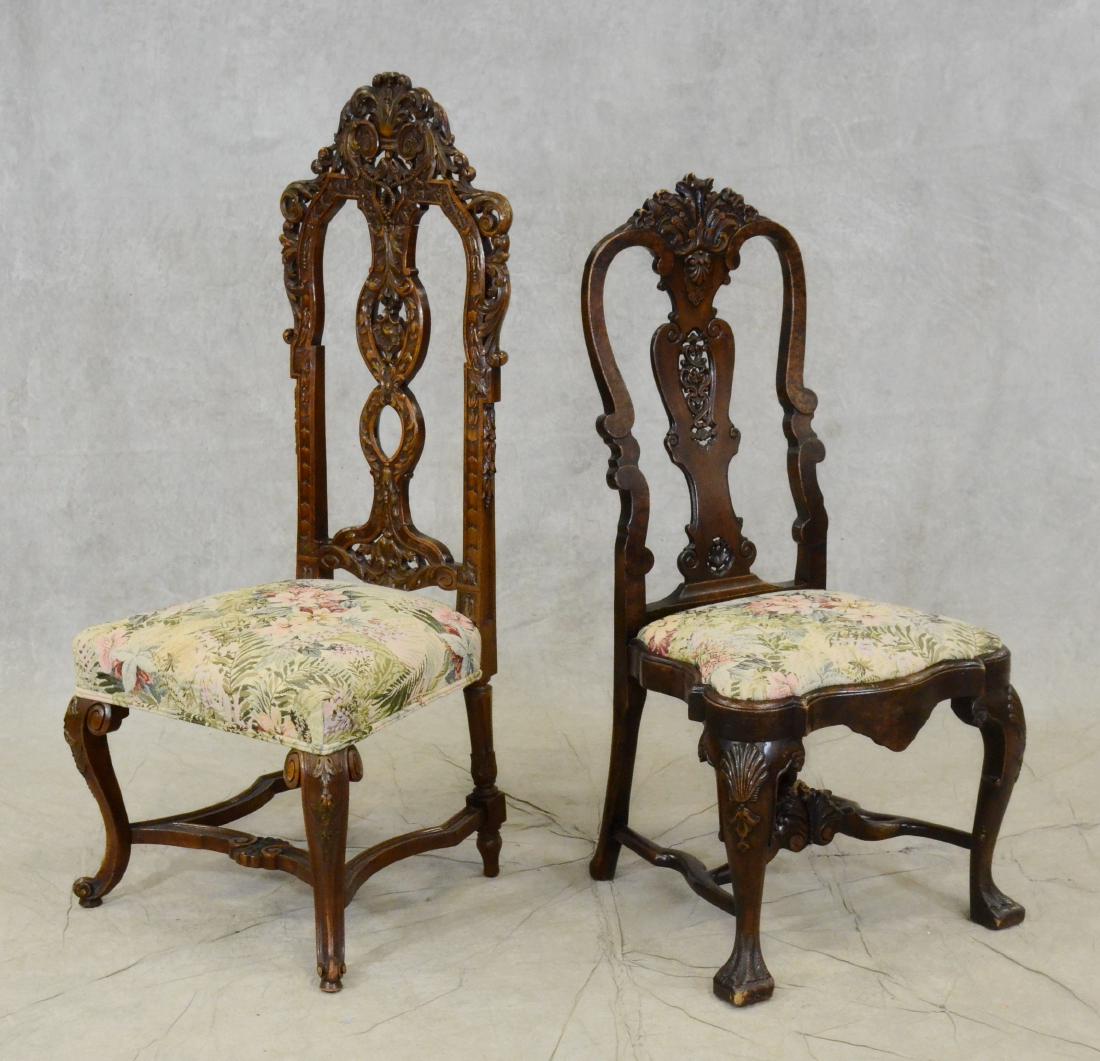 (2) Rococo style Walnut carved side chairs: (2) Rococo style Walnut carved side chairs, c/o one side chair with carved back with acanthus leaves and bell flower decoration, floral upholstered seat, cabriole legs with acanthus leaves on knees ov