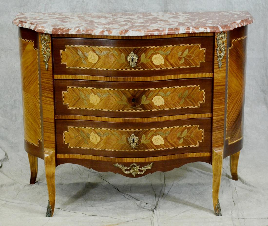 Louis XV style marquetry inlaid marble top serpentine: Louis XV style marquetry inlaid marble top serpentine 3 drawer commode, beveled edge marble top, marquetry inlaid serpentine sides, brass ormolu mounts and hardware, 35"h x 45"w x 21-1/4"d, sati