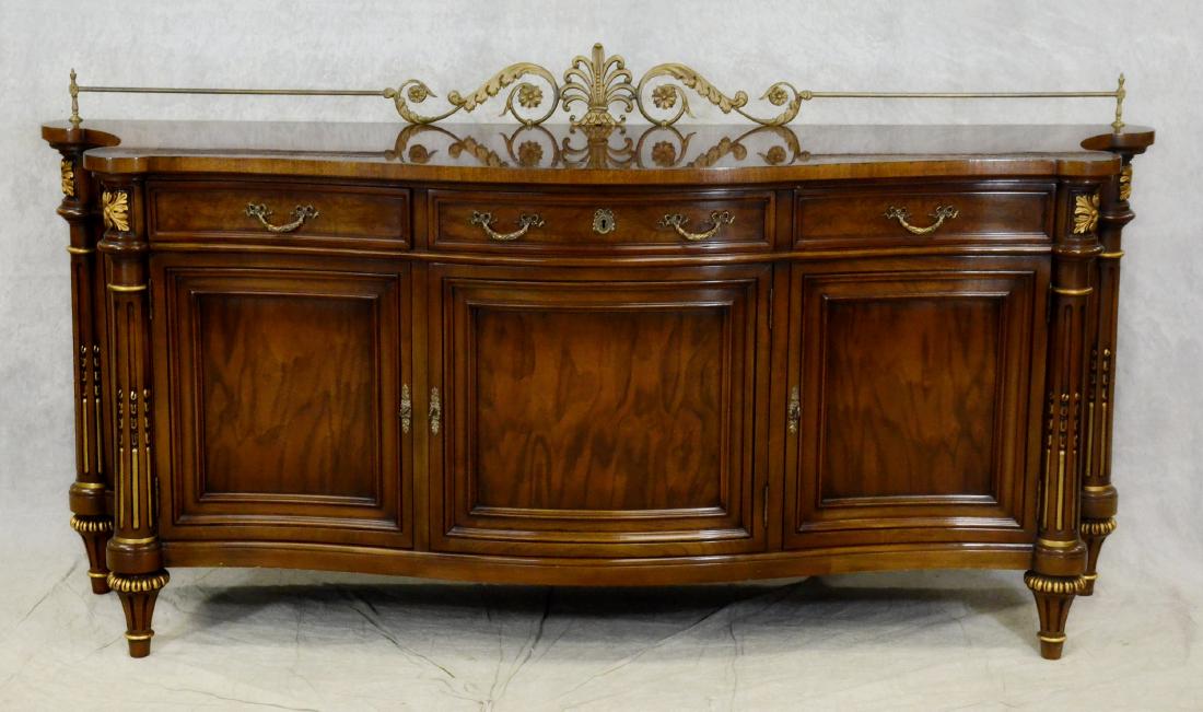 Karges Walnut Serpentine sideboard/buffet: Karges Walnut Serpentine sideboard/buffet, brass gallery with shell and acanthus leaf decoration, brass hardware with wreath decoration, gilt highlights, three drawers one with removable silverware ho