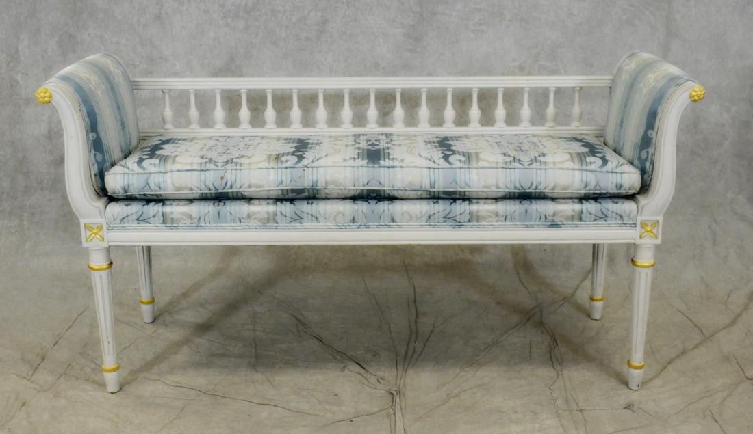 Louis XVI cream painted window bench: Louis XVI cream painted window bench, scrolled arms with gilt painted rosettes, blue and cream striped damask upholstery, turned half back, tapered reeded legs, 29"h x 56"w x 19"d, soiling to upholste