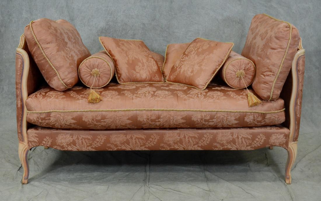 French style painted daybed: French style painted daybed, pink painted frame with pink floral upholstery, 35-1/4"h x 66-1/2"w x 29"d