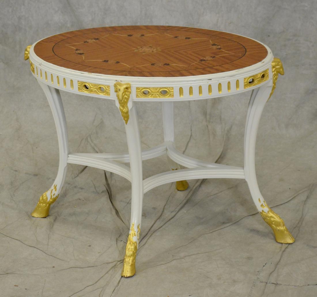 Empire style painted & inlaid side table w/ ram's heads: Empire style painted & inlaid side table w/ ram's heads, top with inlaid floral decoration, base cream painted with gilt ram's heads and hoof feet, 20-1/2"h x 18"w x 17"d