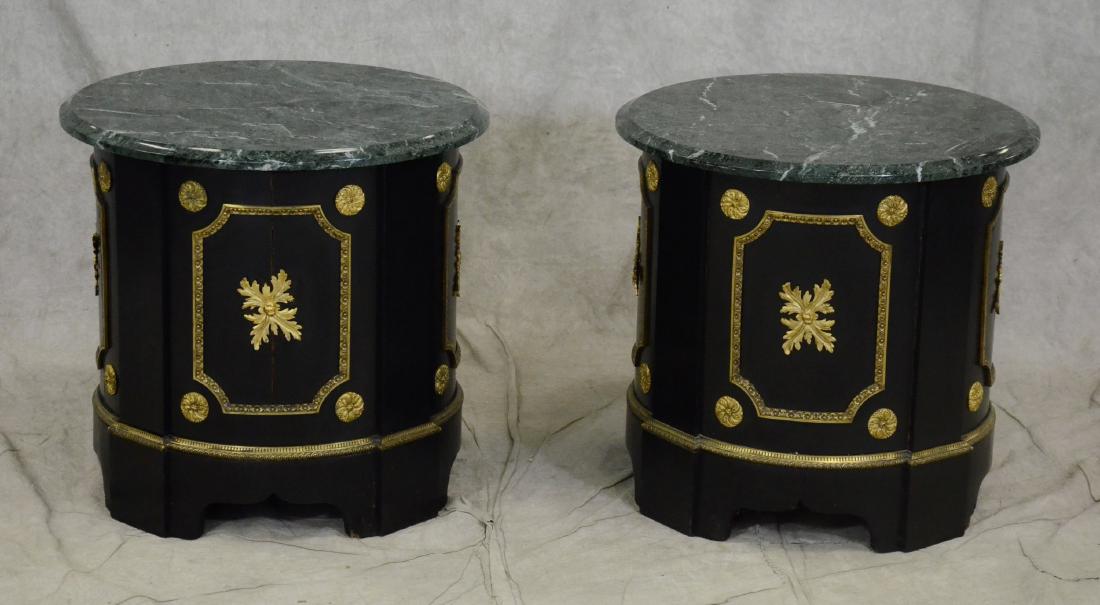 Pair Ebonized marble top side tables: Pair Ebonized marble top side tables, round verdigris marble top, ebonized painted with brass mounts and decoration, scalloped skirt, 20"h x 19-1/2"diameter