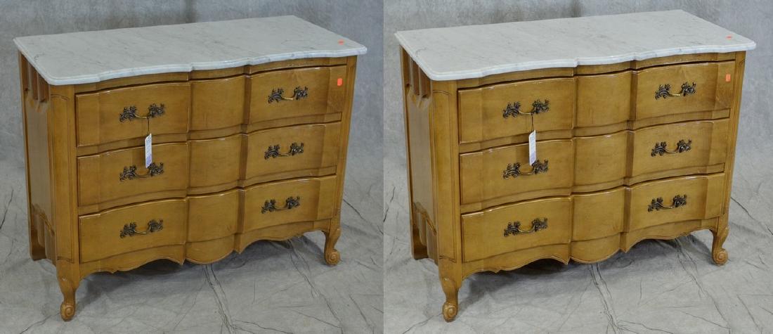 Pair Italian style marble top block front commodes: Pair Italian style marble top block front commodes, scalloped beveled edge marble, scalloped paneled sides, 3 drawers, with decorative brass hardware, scrolled feet, 34"h x 45"w