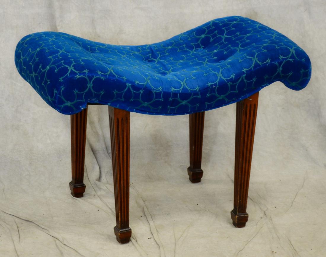 Hepplewhite style upholstered bench: Hepplewhite style upholstered bench, blue/green tufted upholstered seat, tapered reeded legs, 20"h x 29"w