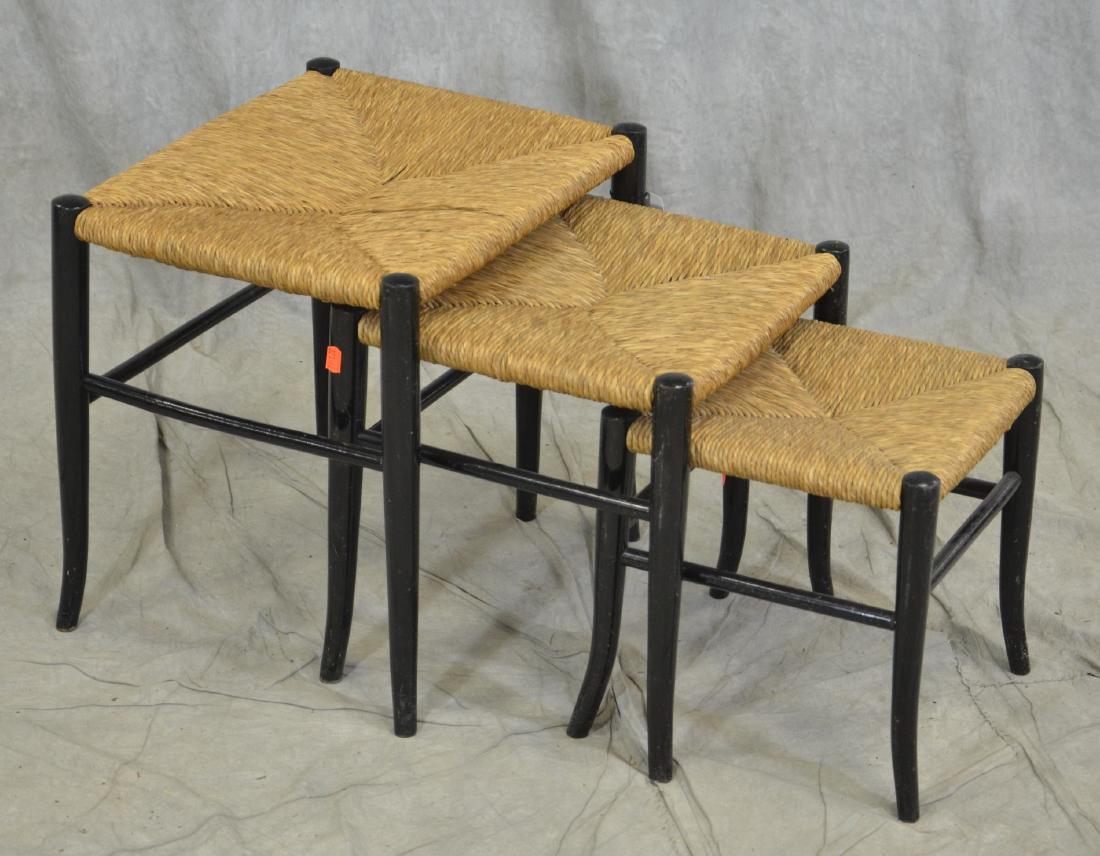 (3) Gio Ponti style nesting stools: (3) Gio Ponti style nesting stools, ebonized painted legs, rush seats, 18"h x 21"w x 16"d