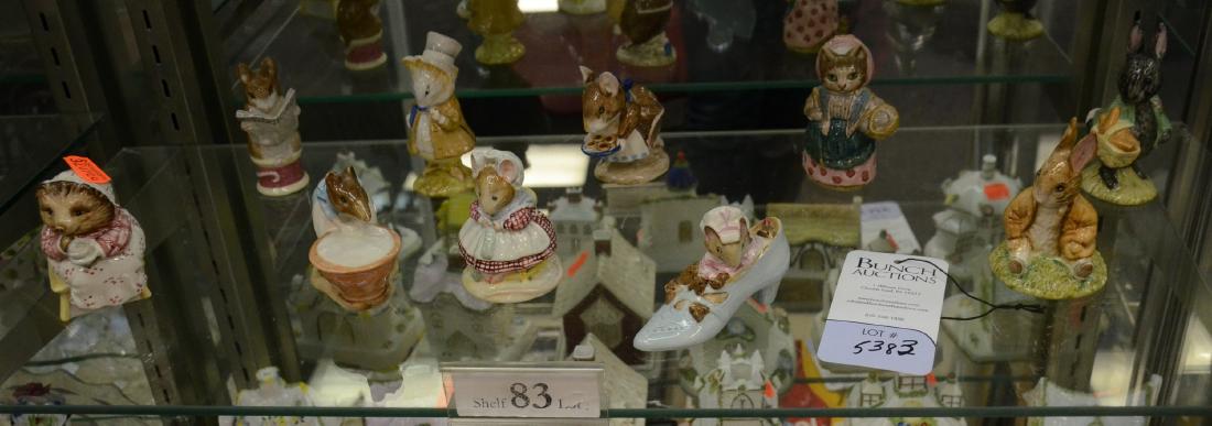 Shelf #83 - (10) Beswick Beatrix Potter Figures: Shelf #83 - (10) Beswick Beatrix Potter porcelain figurines, c/o Amiable Guinea-Pig, Tailor of Gloucester, Cousin Ribby, Benjamin Bunny, Old Woman Who Lived in a Shoe, Anna Maria, Old Woman Who Lived 