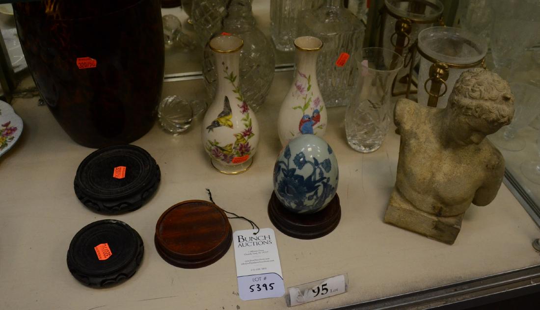 Shelf #95 - Misc Lot Decanters, Vases, Chinese Stands: Shelf #95 - Turtle Shell Glass Vase, (2) Decanters (Taller with Chip on Rim), Wedgewood Glass Vase, (2) Lenox Vases, Male Statue, Chinese Stands