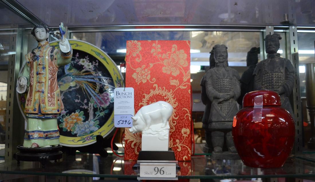 Shelf #96 - (6) Pcs Asian porcelain & pottery: Shelf #96 - (6) Pcs Chinese & Japanese porcelain & pottery, c/o red pottery ginger jar, tree decoration, 7" h x 5" dia, with stand, charger with bird decoration, made in Japan, 12-1/4" dia, statue gir