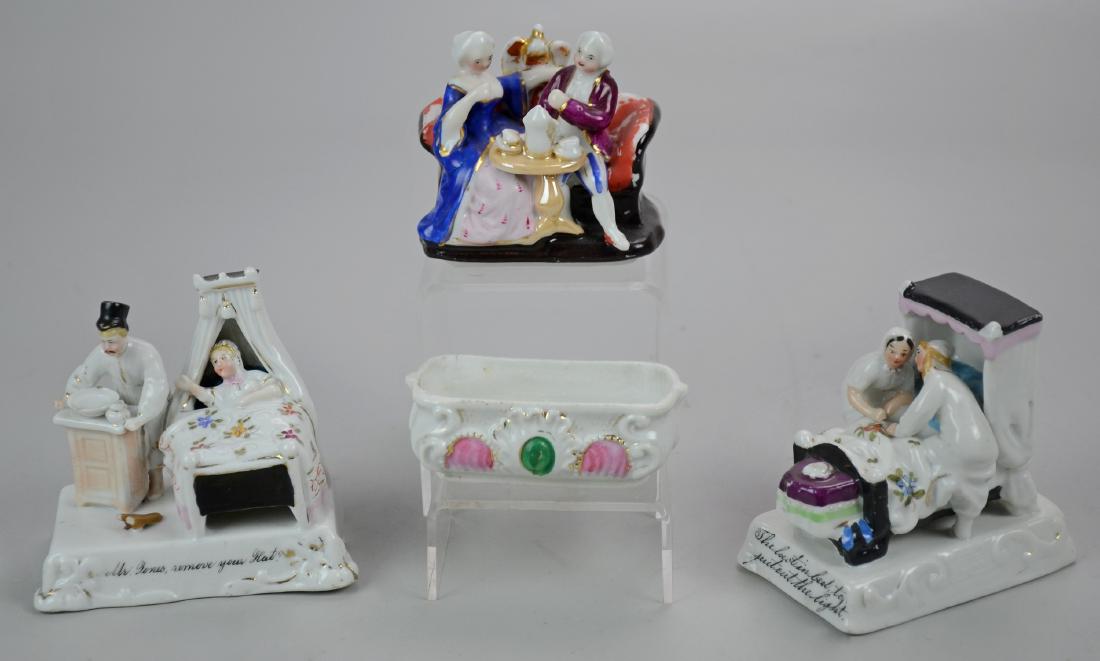 (3) Pcs Fairing Porcelain: (3) Pcs fairing porcelain, c/o (2) figurines ("Mr Jones remove your hat" and "The last in bed to put out the light"), and a fairing box of couple having tea, tallest 3-3/4"