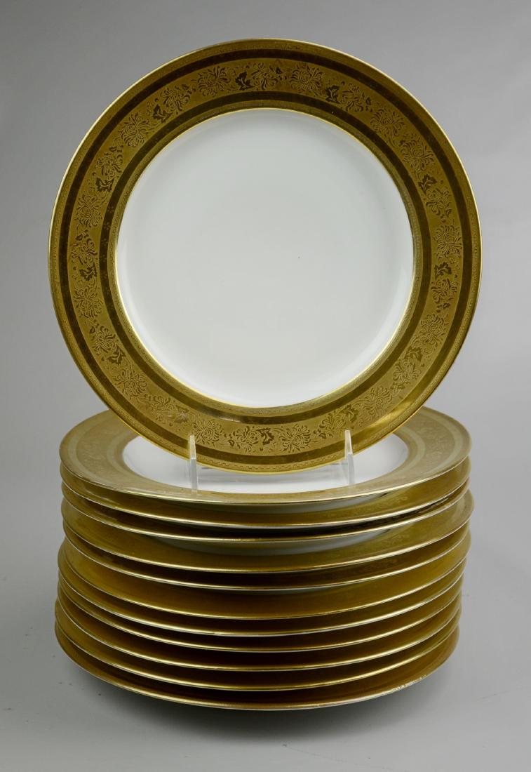 (12) Bernardaud gilt porcelain service plates: (12) Bernardaud porcelain service plates, heavy gold border, marked "B&Co France", 10" dia