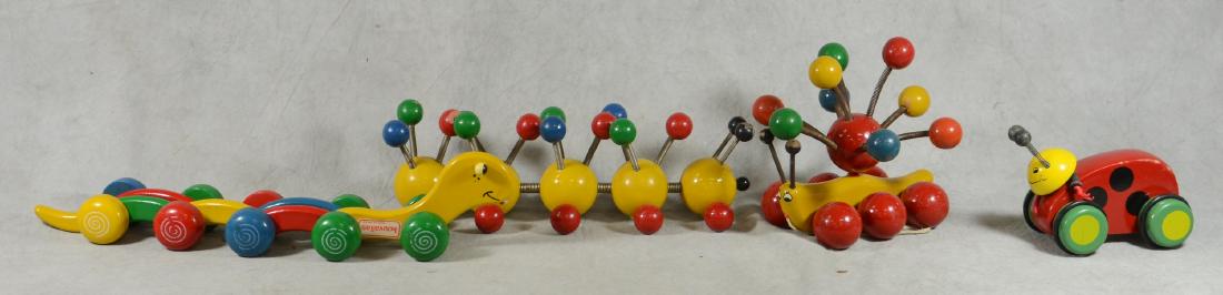 (6) Wood & Plush Pull Toys: (6) Wood & plush pull toys, caterpillar, ducklings, turtle, see photos
