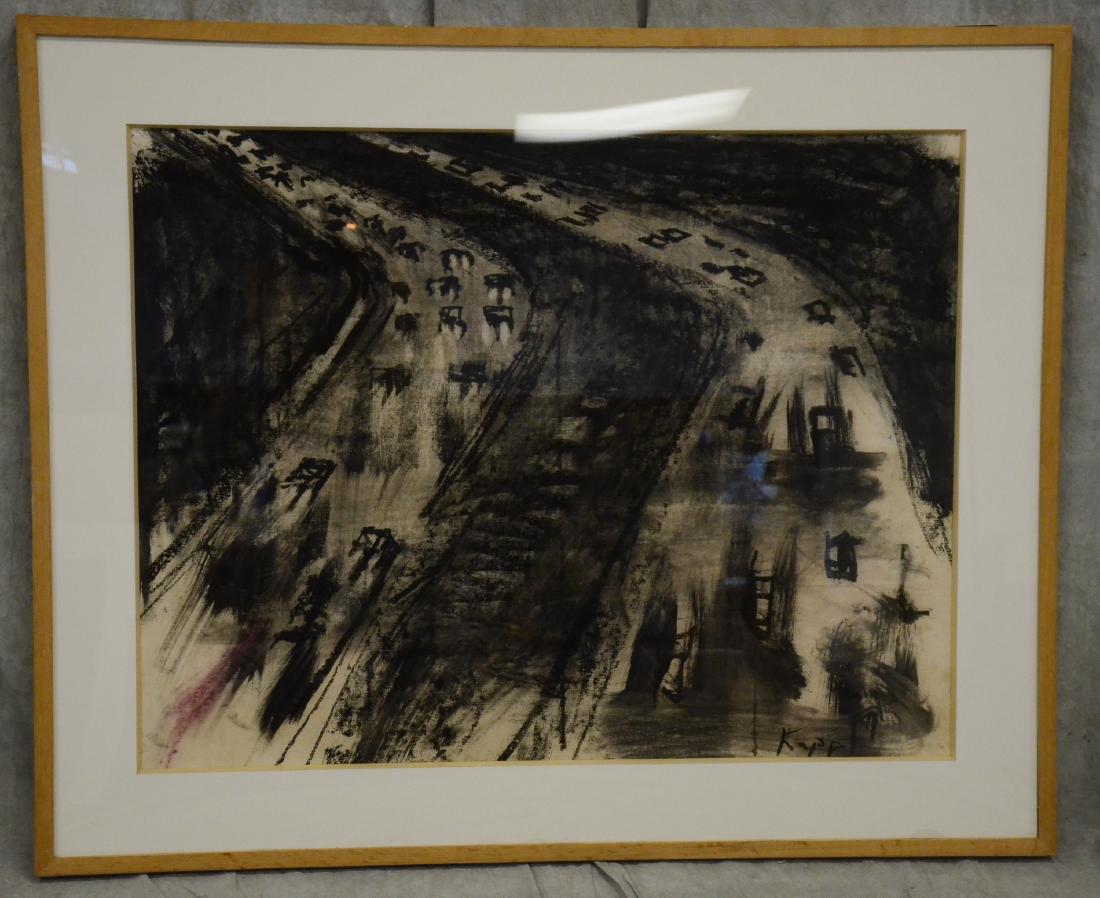 David Kapp Painting, "Route 78": David Kapp (American, b. 1953), painting, "Route 78", oil stick on paper, signed "Kapp, 1986", Anne Plumb Gallery label on back, 29-1/4' x 37-3/4" sight, framed 38-3/4" x 47-1/2"; Provenance: from a c