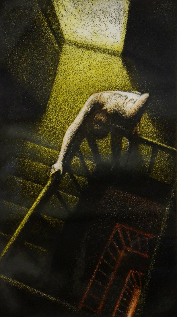 Jane Dickson Etching, "Stairwell": Jane Dickson (American, b. 1952), etching, "Stairwell", aquatint on paper, signed "Jane Dickson ' 84", edition 20/45, 29-3/4" x 16-3/4" plate, framed 38-3/4" x 26"; Provenance: from a corporate collec