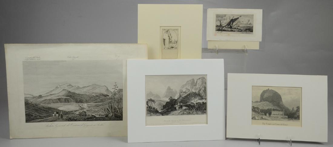 (5) Antiquarian prints on paper: (5) Antiquarian prints on paper, c/o 16th cent woodblock calendar piece, etching of two sailboats on a rough sea, etching "The Temple and Tower of Ginger" by W Daniell, etching "Foot of the Too-king, 