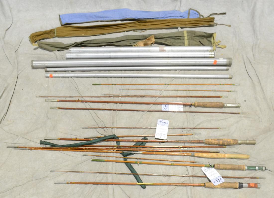 (5) Pc Bamboo Fly Rod Grouping: Lot of (5) bamboo fly rods to include Abbey Imbrie 2015 (3) pc 9'6", unsigned 7' (3) pc rod, both with sleeves and metal tubes, Includes extra top tip and bakelite handle, Includes (3) misc, rods need