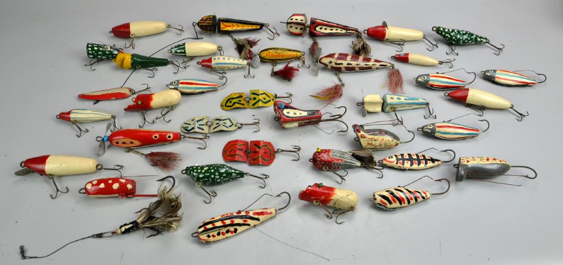 Wooden Lure Grouping: Wooden lure grouping to include (38) wooden lures and (18) wooden bobbers