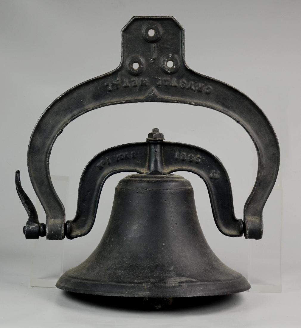 School Farm Iron Bell Marked Crystal Metal: School Farm Iron Bell Marked Crystal Metal with Yoke (21-1/4" h with Yoke x 18-1/2" w with Yoke, 14-1/4" dia Bell Only)