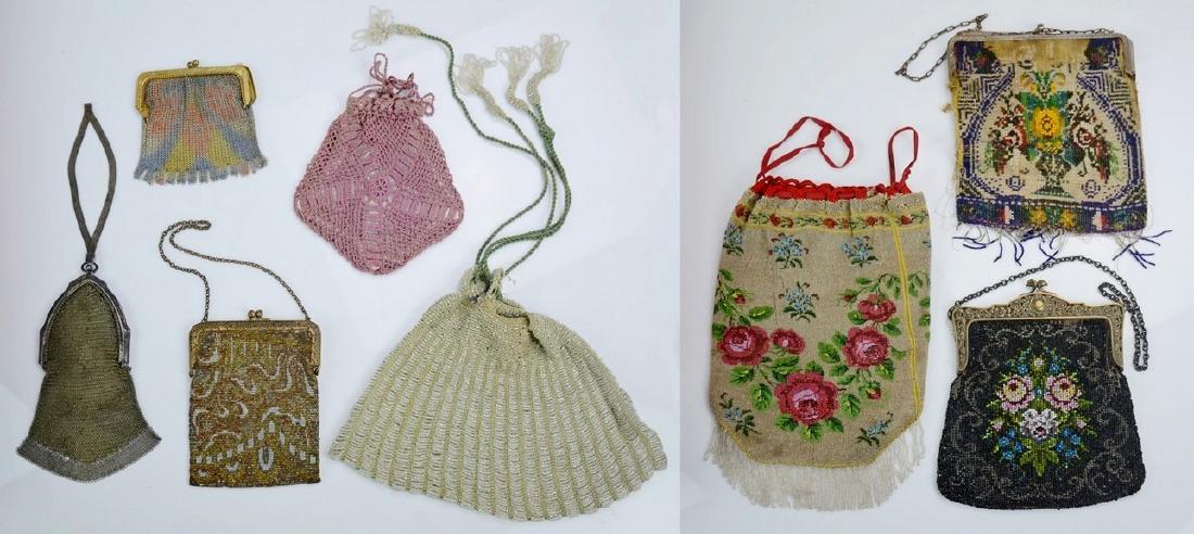 1910 Beaded and Mesh Purse Grouping: (8) piece beaded and mesh purse grouping to include (2) mesh Whiting and Davis purses, (1) made in France early beaded bag and (5) glass beaded and crochet bags with varied floral patterns. All with e