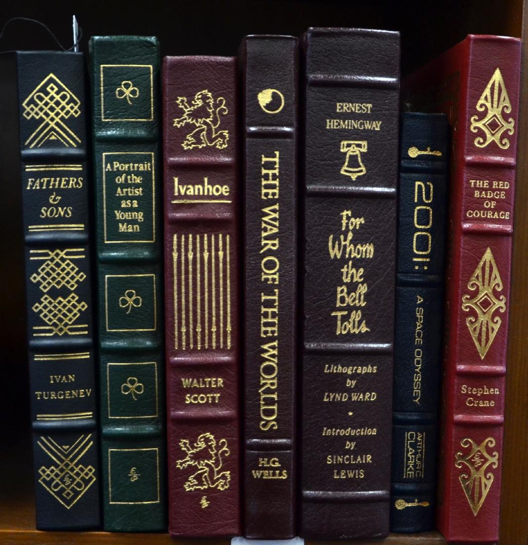 (7) Easton Press Books [Contemporary Literature]: (7) Easton Press Books [Contemporary Literature], c/o Stephen Crane "The Red Badge of Courage", Ernest Hemingway "For Whom the Bell Tolls", Arthur C Clarke "2001: A Space Odyssey", HG Wells "The War o