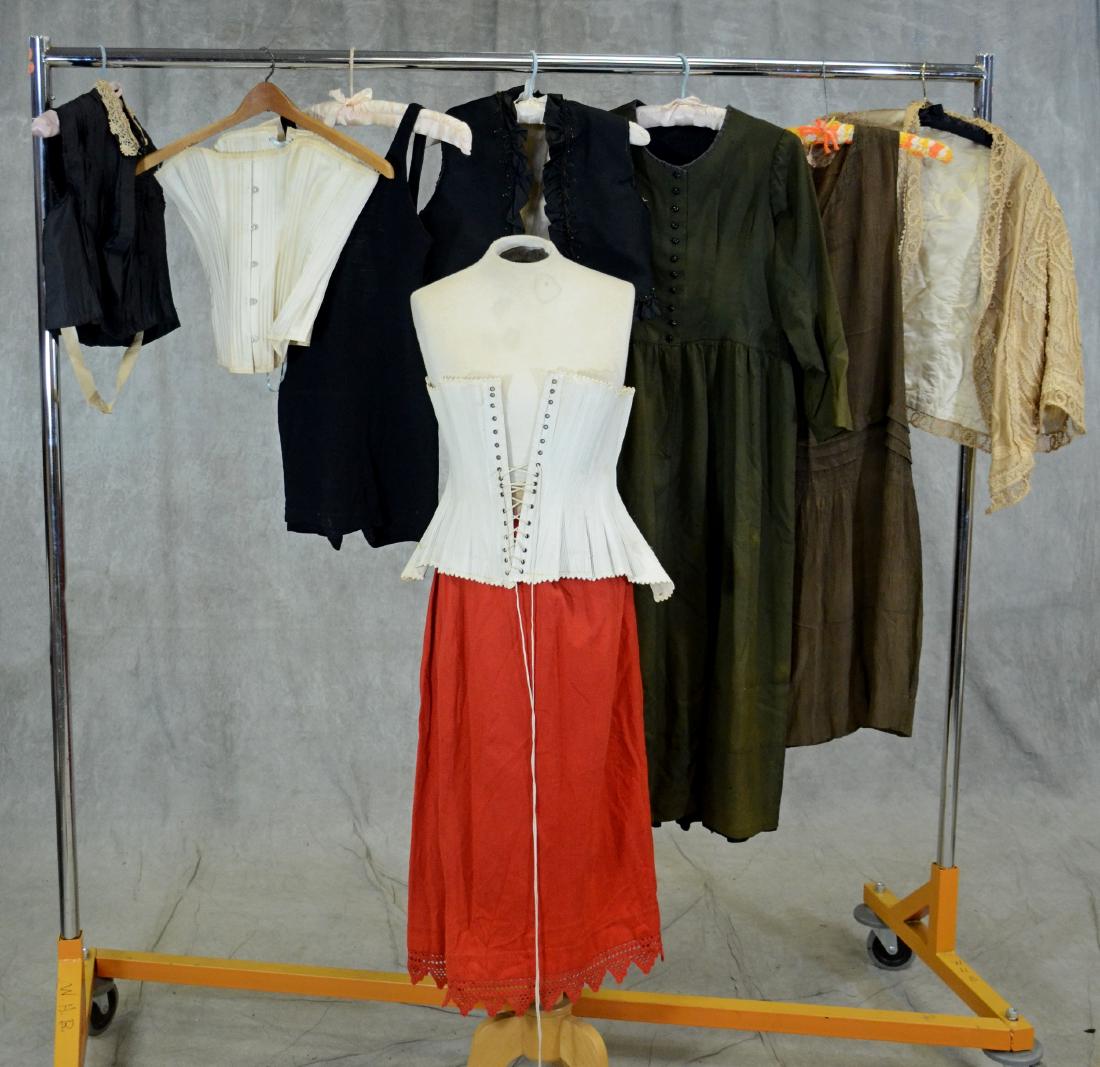 Assorted Victorian and Vintage Clothing Grouping: Victorian clothing grouping to include child's jet beaded vest, silk slip dress, early green cotton dress with glass buttons, lined black silk bodice with lace at neck, red wool crochet hem skirt and 