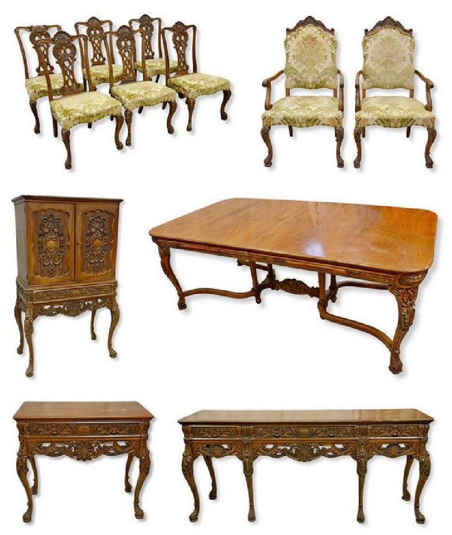 12 pc walnut Italian Renaissance DR set: (12) pc carved walnut Italian Renaissance DR set c/o table with stretcher base, 81 1/2" l, 44" w, 1 pc china cabinet with 2 doors and a drawer, 67 1/2" h, 39" w, tall sideboard with 3 drawers, 81" w, 