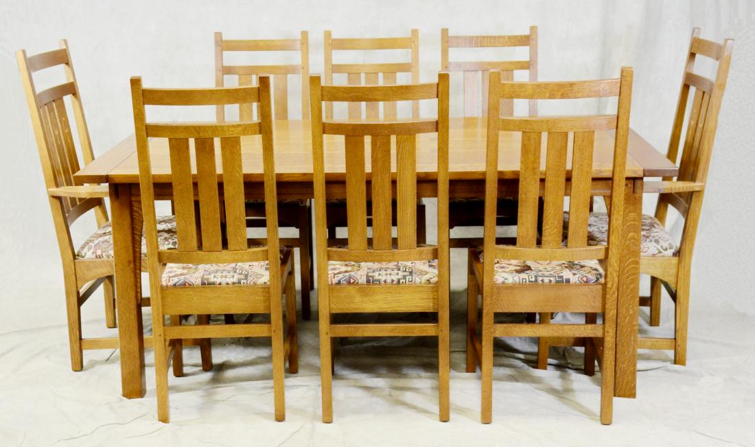9-pc Mission style Crafts Stickley dining set: (9) pc Oak Mission Style Stickley dining set, c/o 6 Harvey Ellis slat back side chairs with upholstered seats, 2 Harvey Ellis matching arm chairs with inlaid decoration, oak trestle dining table with
