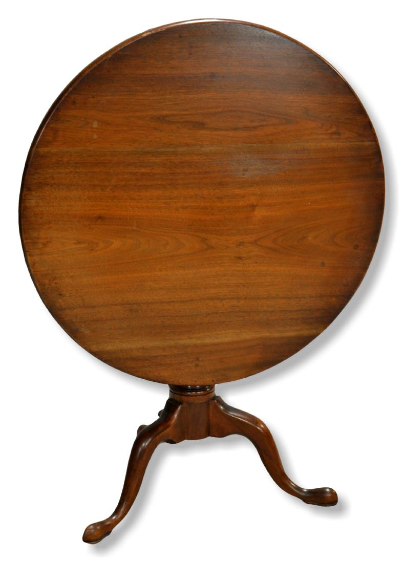 Walnut Chippendale birdcage tea table, 18th c: Walnut Chippendale birdcage tea table with suppressed ball turned stem, flat edge top, 34" d with 1/2" shrinkage, 28" h, pad foot tripod base, lacking doughnut and wedge, 18th c