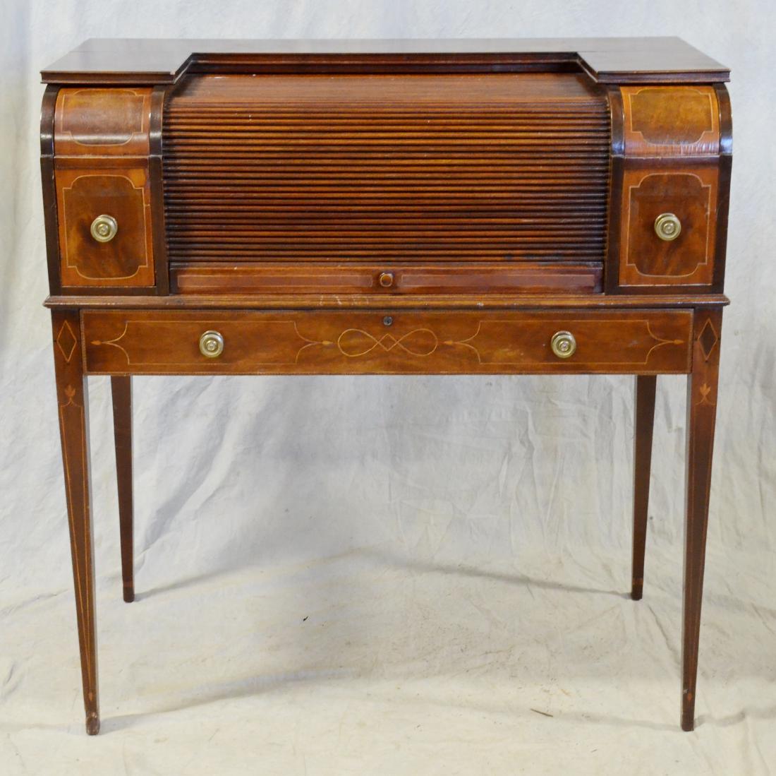 Mahogany Hepplewhite Style Ladies Desk, early 20th C: Mahogany Hepplewhite Style Ladies Desk, slatted rolltop center section, flanked by drawers, over a full drawer, early 20th C, Depth: 25 in, H: 43.5 in, W: 42.5 in, DA305, missing writing surface inser