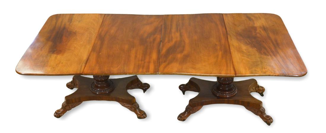 Pr Federal Carved Mahogany D/L Dining Table Ends: Pr American Federal Carved Mahogany Drop Leaf Dining Table Ends, c. 1825-1830, H: 28.75 in, Length: 90 in together, Width: 44 in, DA1023