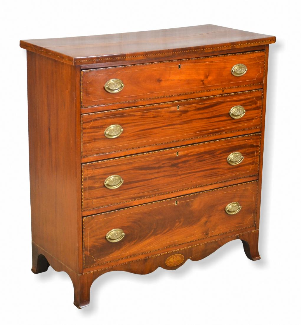 Mahogany Inlaid Hepplewhite bureau, c 1790-1810: Inlaid mahogany 4-drawer Hepplewhite bureau, French feet, original brass eagle embossed pulls, pine and poplar secondaries, American, c 1790-1810, H: 41.5 in, W: 39.5 in, Depth: 18.25 in, DA780, crack
