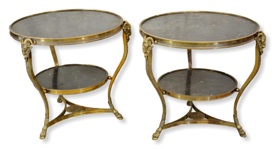 Pr Ormolu Brass Louis XVI Style Gueridons, 19th c: Pr Ormolu Brass Louis XVI Style Gueridons, Marble Tops & Shelves, 19th c, Height: 28.5 in, DA922, 923, 29" high, 30.25"dia, very good condition with no issues