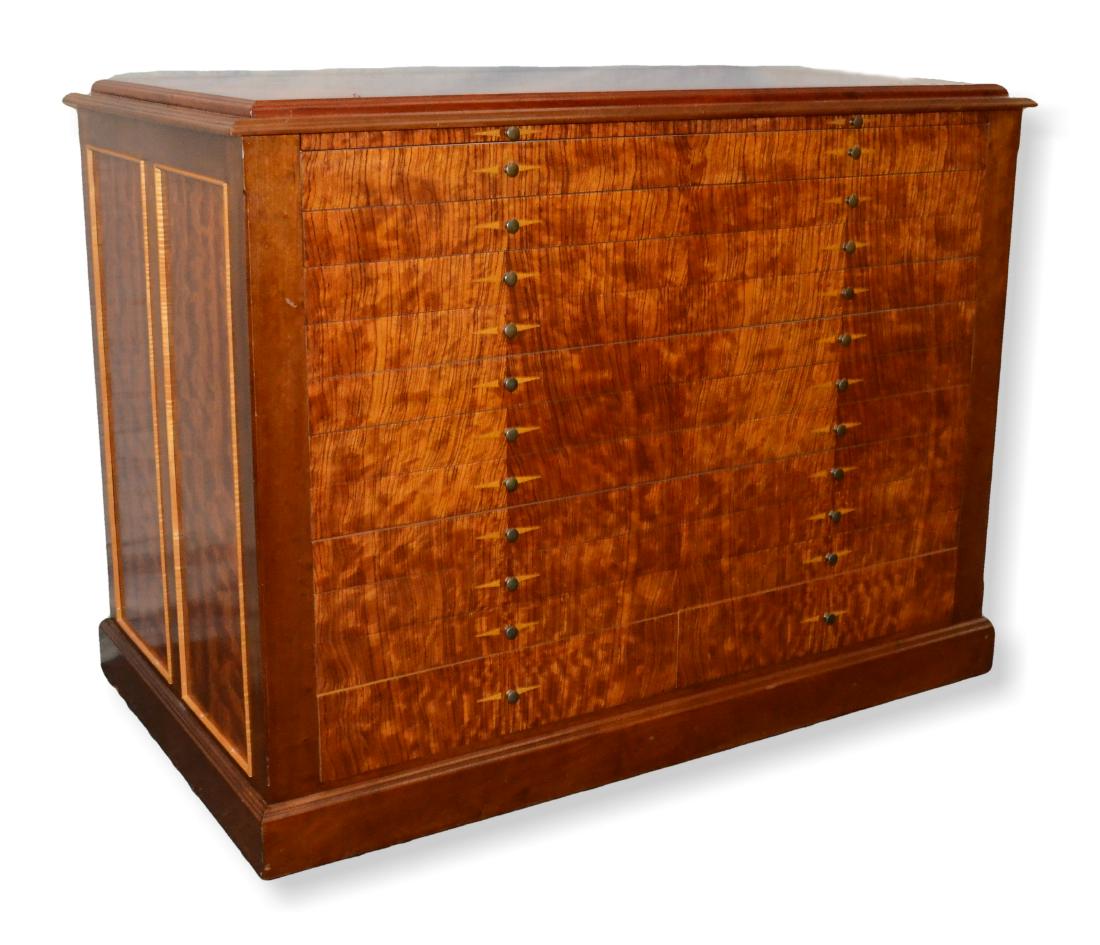 Figured Mahogany Document Chest, William Evans, c 1995: Figured Mahogany Document Chest by William Evans, Custom Furniture, c 1995, slide-out writing surface over 9 long drawers over 2 drawers, H: 39 in, Length: 53.5 in, W: 31.25 in, DA386, very good condi
