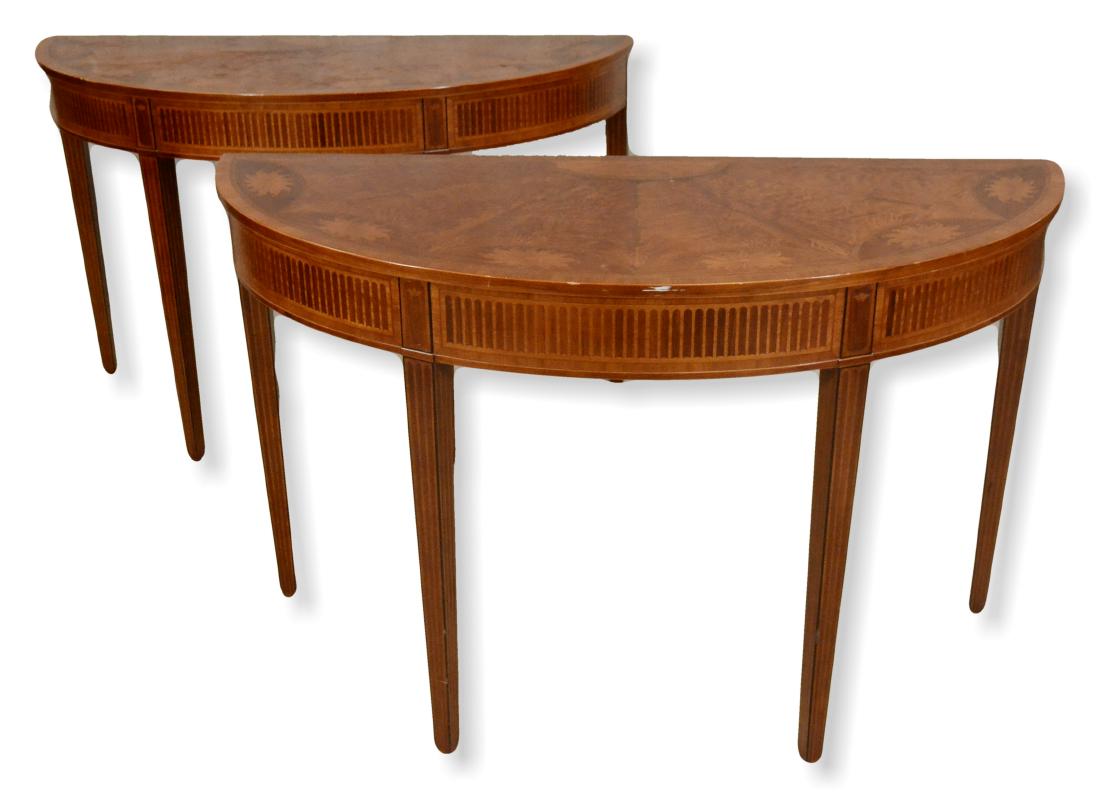 Pr Inlaid Mahogany Hepplewhite Side Tables, ca. 1800: Pr Inlaid Mahogany Hepplewhite Demilune Side Tables, top with extensive paterae inlay, apron with bookend inlay, legs with string and paterae inlay, English, ca. 1800, Depth: 20 in, W: 48 in, H: 30 in