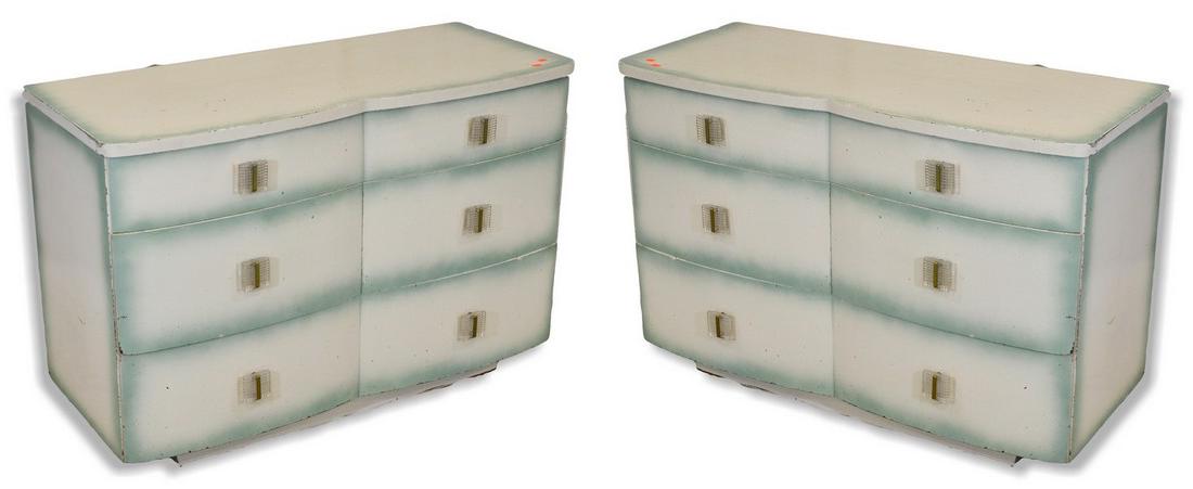 Pair John Stuart painted chests: Pair John Stuart painted chests, green and cream painted, lucite hardware, John Stuart tag in drawer, three drawers 32-1/2"h x 49"w