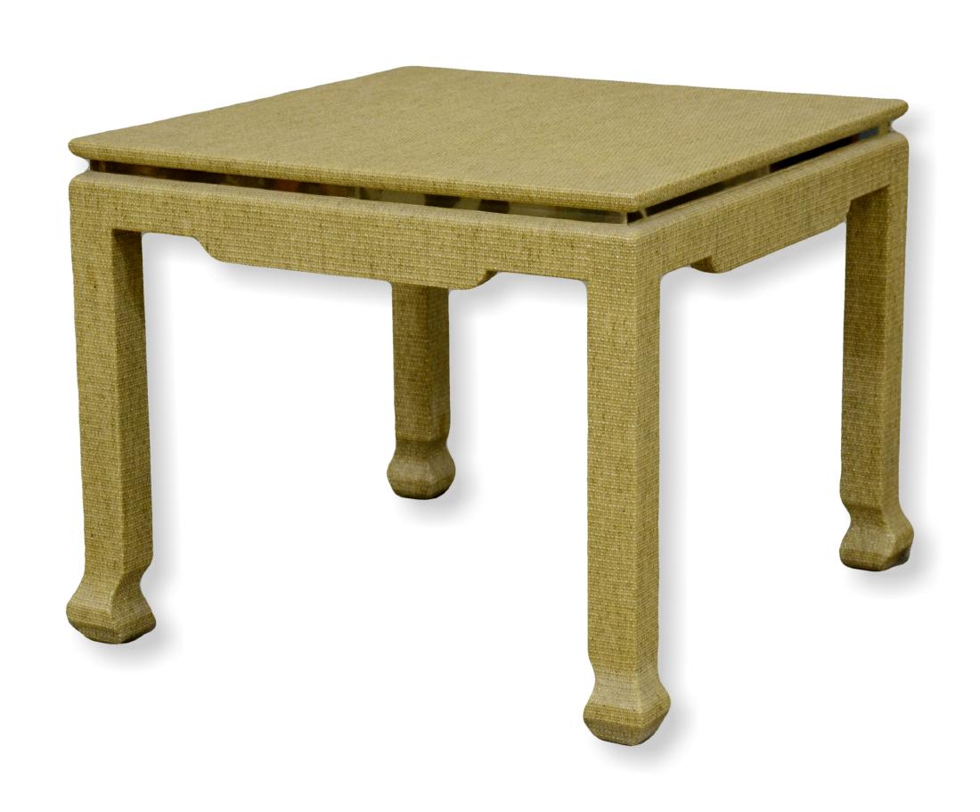 Karl Springer style side table: Karl Springer style side table, lacquered burlap, brass border under top, 24-3/4"h x 29"square, very good condition with no issues
