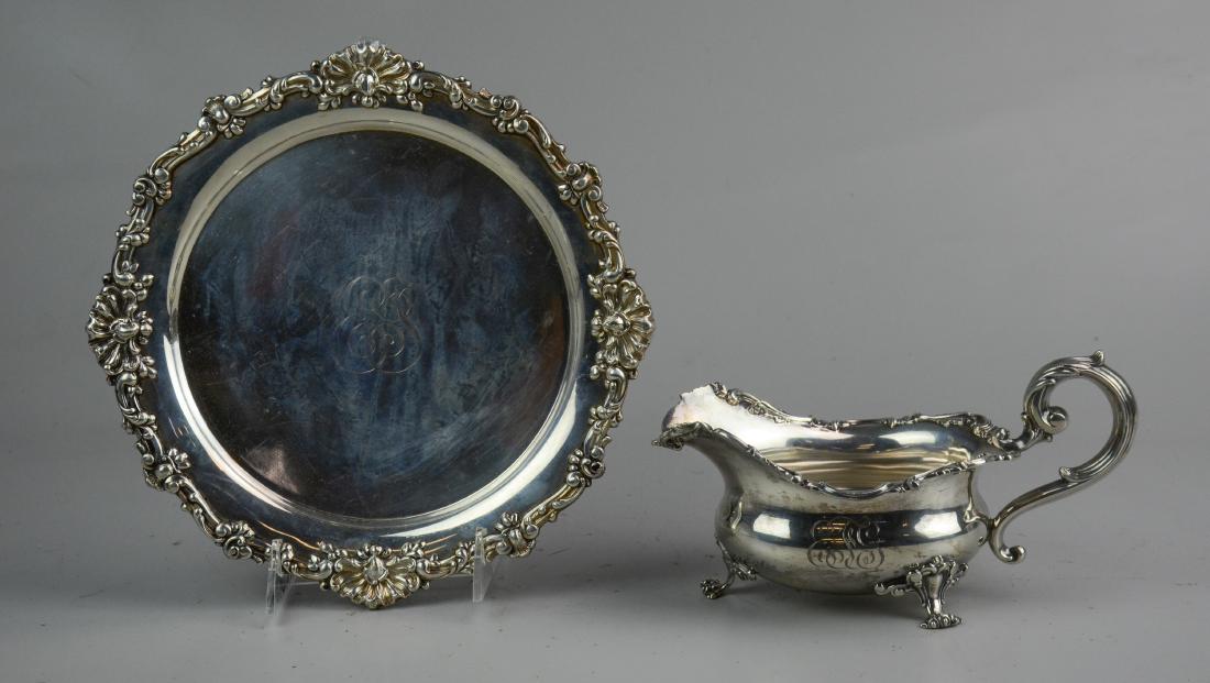(2) Pcs Starr Sterling Silver: (2) Pcs sterling silver, gravy boat marked "Theodore B Starr New York 1693", and round tray marked "Black Starr & Frost Sterling 805 10 in", each with monogram, 23.66 TO