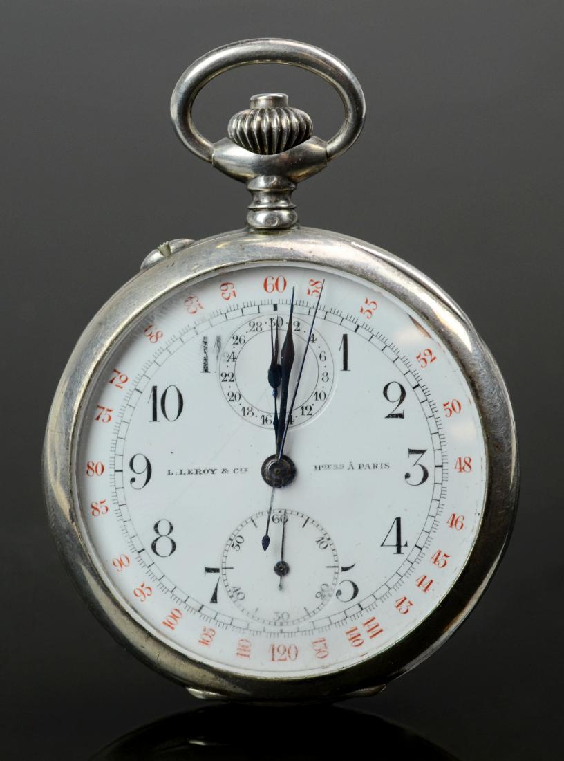 LeRoy et Cie, Paris OF Pocket Watch: LeRoy et Cie, Paris OF pocket watch with chronograph, silver case marked HF, 41 mm movement, wound tight