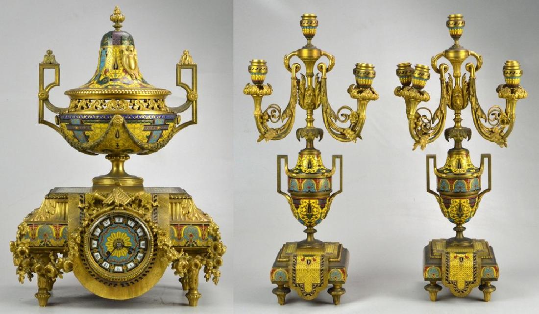 3 pc Barbedienne A Paris champleve & bronze clock set: Monumental 3 pc gilt bronze & champleve French clock set, dial chiclets at 12 and 6 faintly marked "Barbedienne A Paris", movement signed Ed. Minart, Ferdinand Barbedienne, 1810-1892, c 1880-1890, the