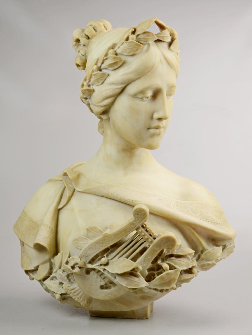 19th C Alabaster Bust of a Young Maiden: 19th C alabaster bust of a young maiden, unsigned, 21-1/2" x 18" x 11", good condition with some damage to top of harp, some minor chips, minor chips on edges of garment and leaves, repair on top of h