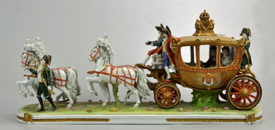 German porcelain grouping Napoleon: German porcelain grouping of "Voiture du mariage de Napoleon 1st", by A.W. Kister, Scheibe-Alsbach, Thuringia, Germany, early 20th c, horse drawn carriage with Napoleon and Josephine in coach. general