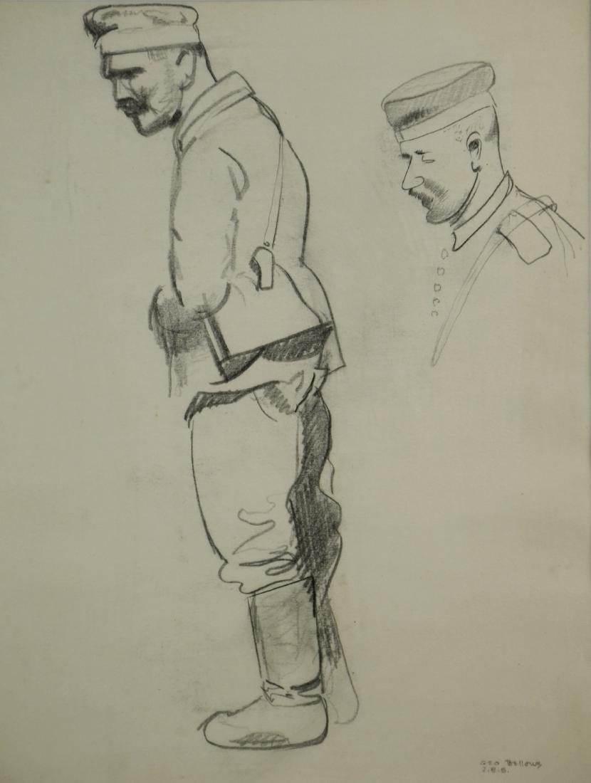 George Bellows Drawing World War I Soldier: George Bellows (American, 1882-1925), drawing, World War I Soldier, pencil on paper, signed "Geo Bellows J B B (Jean Bellows Booth)", 11-1/2" x 8-3/4" sight, framed 18-7/8" x 15-3/8", very good condit