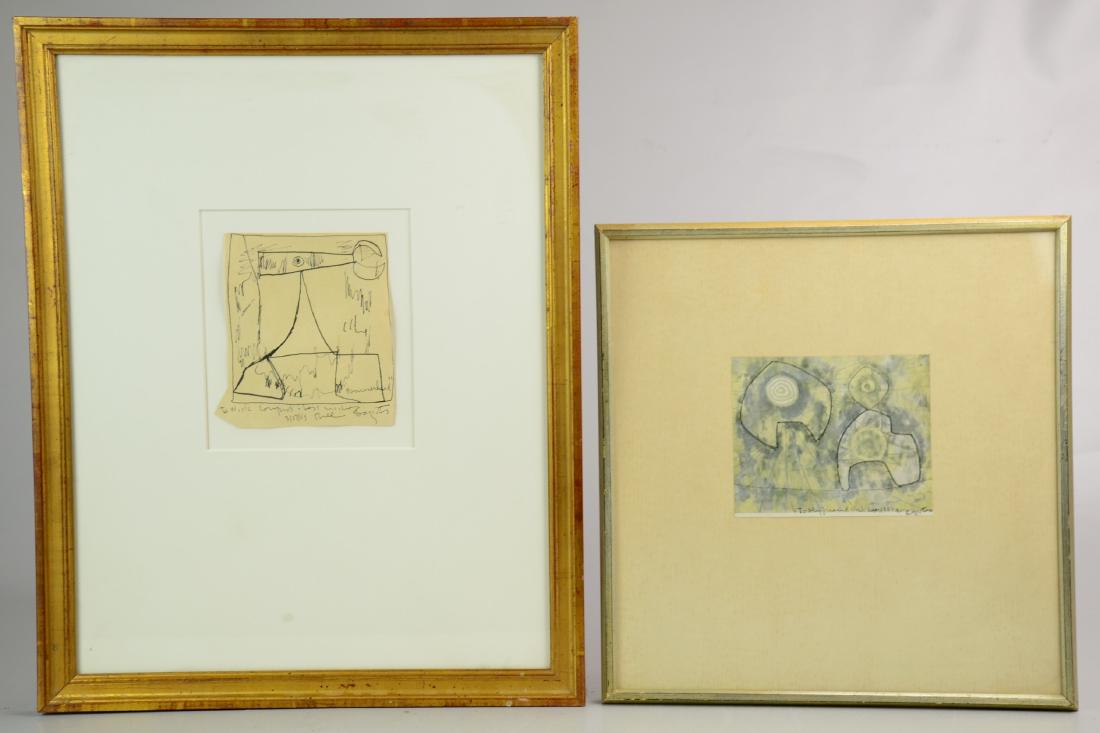 William Baziotes Abstract Drawing: William Baziotes (American, 1912-1963), Abstract Drawing, ink on paper, signed "Bill Baziotes 3/27/49", personalized, 5-5/8" x 5-1/4" sheet, framed 19-5/8" x 15-5/8", together with offset lithograph,