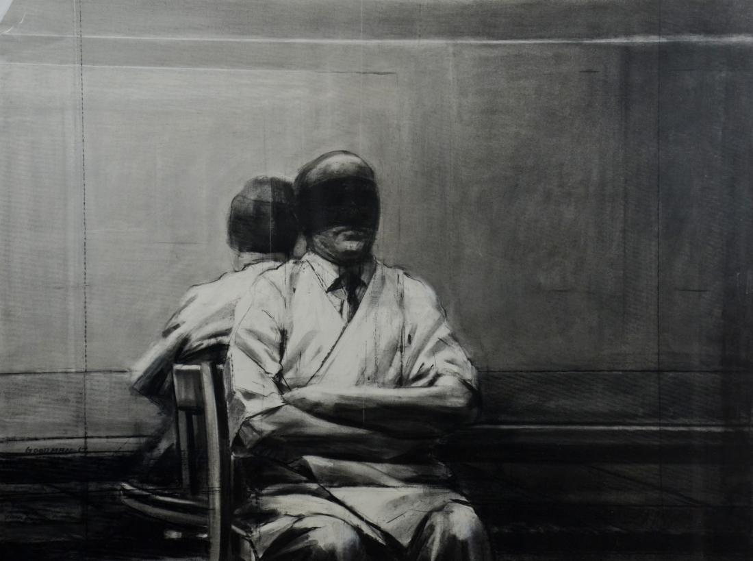 Sidney Goodman Mixed Media Painting "Blindfolded": Sidney Goodman (American, 1936-2013), mixed media painting, "Blindfolded", monochromatic paint and charcoal on canvas mounted on board, signed "Goodman '67", 24-1/4" x 32" canvas sheet, framed 28" x 3