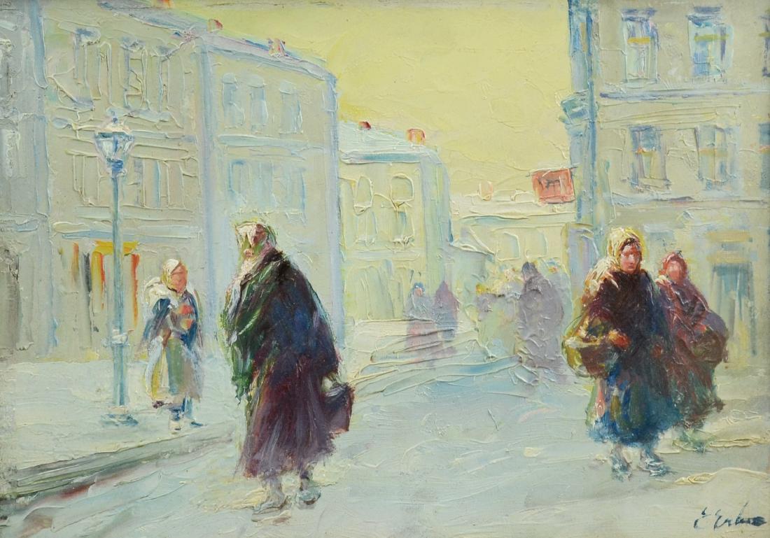 Erno Erb Painting, "Returning from Market": Erno Erb (Polish, 1878-1943), painting, "Returning from Market", oil on canvas, signed lower right, 9-3/4" x 13-3/4", framed 14" x 18"