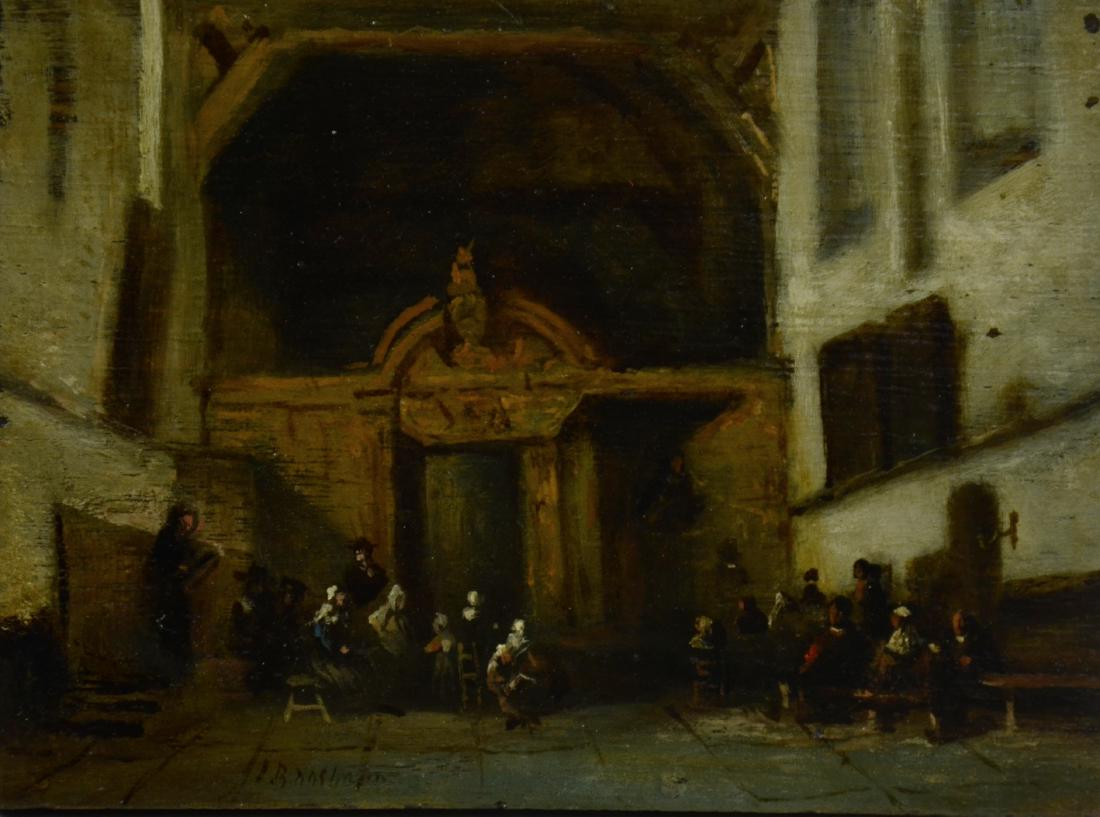Early Dutch School Painting of Church Interior: Early Dutch School painting of church interior, oil on wood panel, illegibly signed, labeled on back Ecole Hollandaise, 5-1/2" x 7-1/2", very good condition