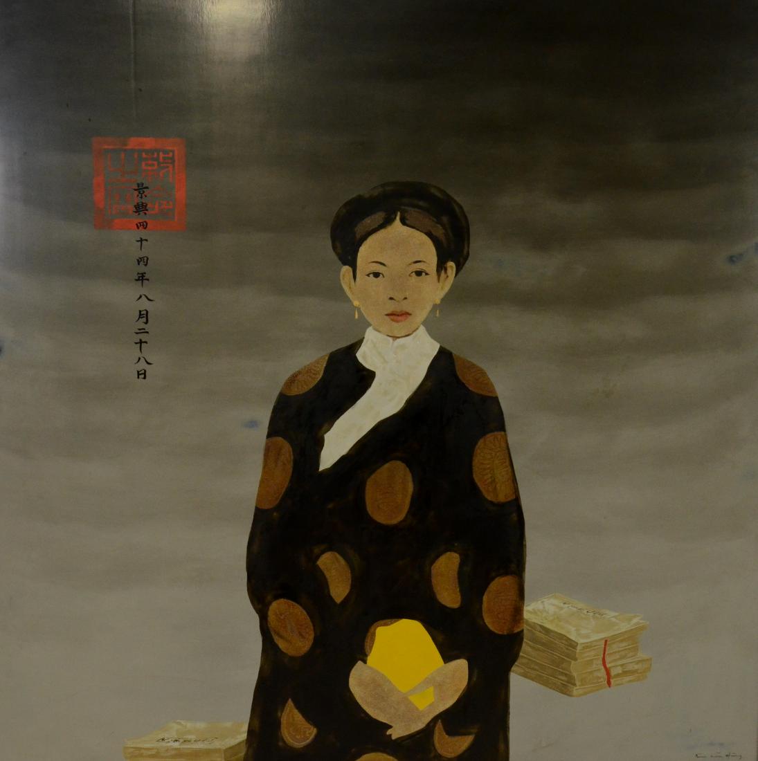 Biu Huu Hung Portrait of Woman: Biu Huu Hung (Vietnamese b. 1957) "Portrait of Woman", untitled, laquer on board, signed lower right. 48"x48", 64"x64". Excellent condition.