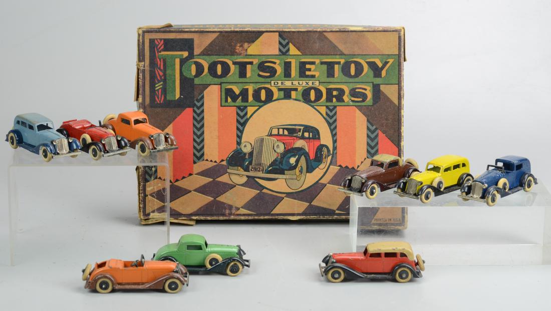 Tootsietoy 5300 Deluxe Motors Set: Tootsietoy 5300 Deluxe Motors Set, with 9 of the original 10 cars, original box in fair condition, taped corners
