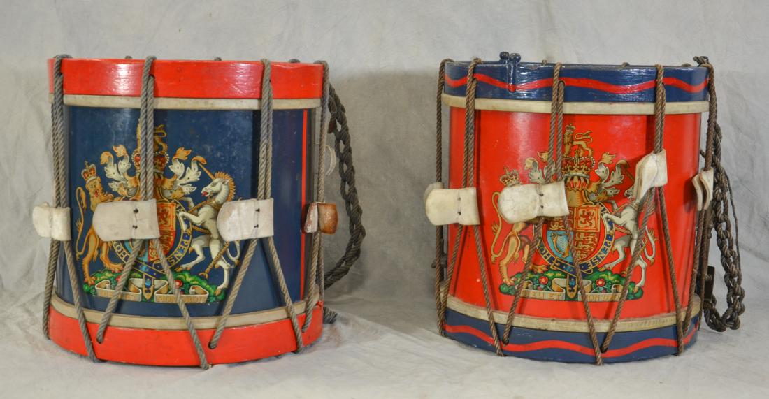 (2) Victorian Regimental Drums: (2) English Victorian regimental parade drums, each with Royal coat of arms of the United Kingdom, 15" h x 14-1/2" dia