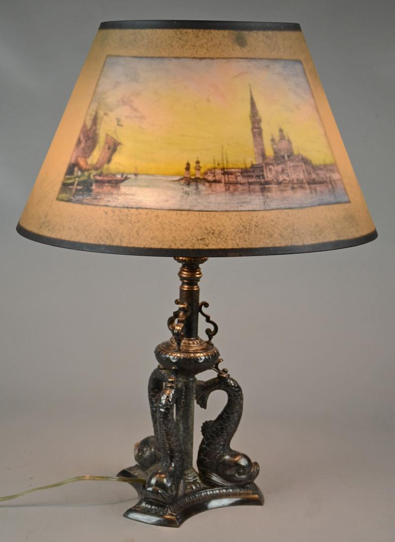 Pairpoint Painted Table Lamp: Pairpoint Table Lamp, Seville pattern glass shade with sailboats in harbor, inverted dolphin base, 18" d, 26" h, DA830